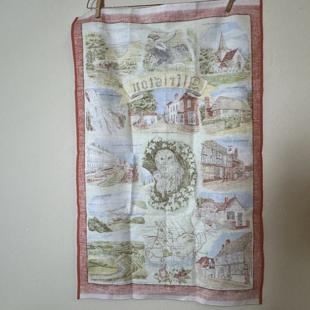Vintage Alfriston England Souvenir Tea Towel 100% Cotton 30